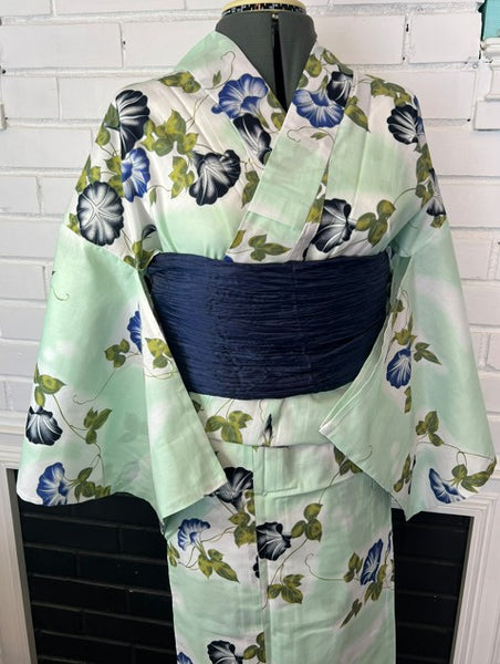 Japanese Yukata & Obi Set – Mint Green Morning Glory (Asagao) Yukata with Crinkled Navy Heko Obi