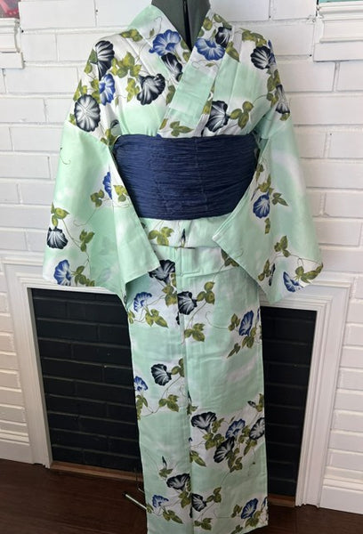 Japanese Yukata & Obi Set – Mint Green Morning Glory (Asagao) Yukata with Crinkled Navy Heko Obi