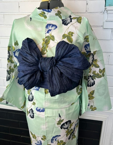 Japanese Yukata & Obi Set – Mint Green Morning Glory (Asagao) Yukata with Crinkled Navy Heko Obi