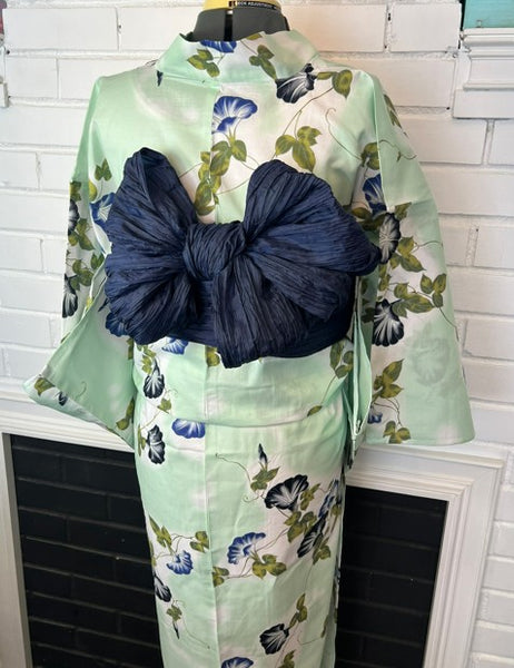 Japanese Yukata & Obi Set – Mint Green Morning Glory (Asagao) Yukata with Crinkled Navy Heko Obi