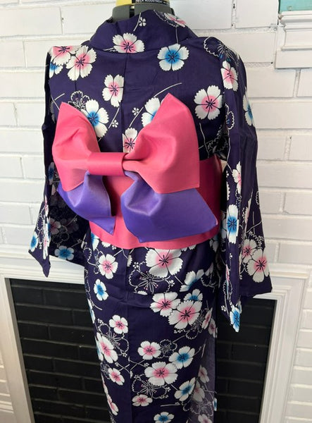 Japanese Yukata & Pre-tied Obi Set - Deep Purple Floral with Pink & Purple Pre-tied Bow Obi