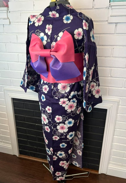 Japanese Yukata & Pre-tied Obi Set - Deep Purple Floral with Pink & Purple Pre-tied Bow Obi