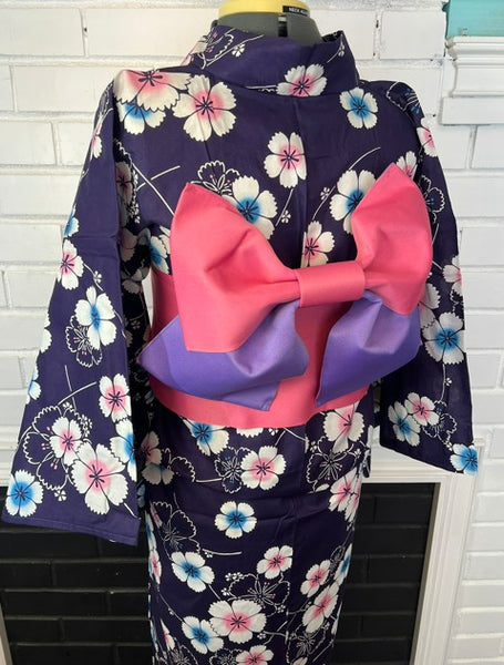 Japanese Yukata & Pre-tied Obi Set - Deep Purple Floral with Pink & Purple Pre-tied Bow Obi