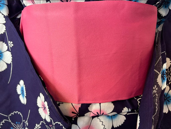 Japanese Yukata & Pre-tied Obi Set - Deep Purple Floral with Pink & Purple Pre-tied Bow Obi
