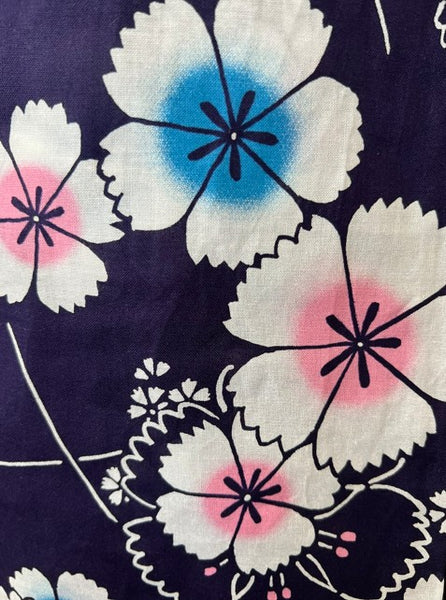 Japanese Yukata & Pre-tied Obi Set - Deep Purple Floral with Pink & Purple Pre-tied Bow Obi