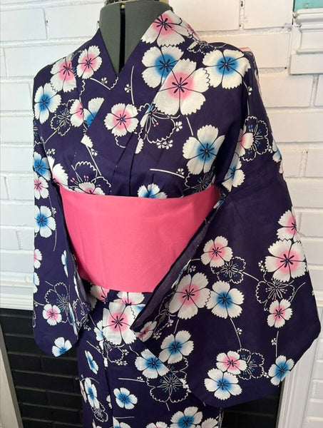 Japanese Yukata & Pre-tied Obi Set - Deep Purple Floral with Pink & Purple Pre-tied Bow Obi