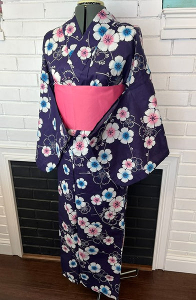 Japanese Yukata & Pre-tied Obi Set - Deep Purple Floral with Pink & Purple Pre-tied Bow Obi