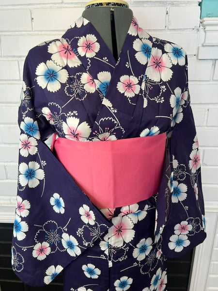 Japanese Yukata & Pre-tied Obi Set - Deep Purple Floral with Pink & Purple Pre-tied Bow Obi