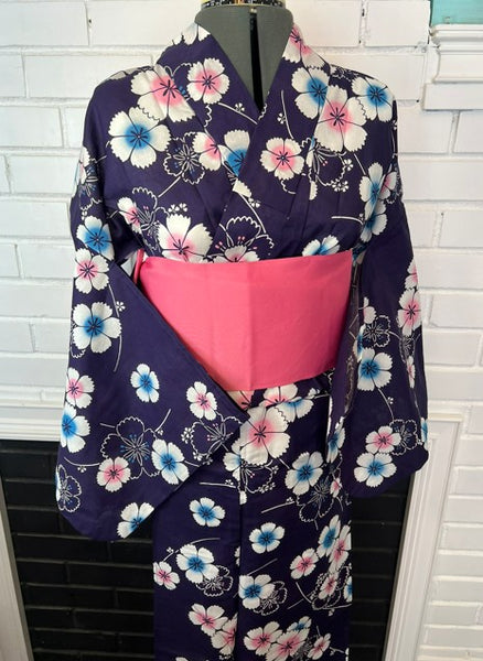 Japanese Yukata & Pre-tied Obi Set - Deep Purple Floral with Pink & Purple Pre-tied Bow Obi