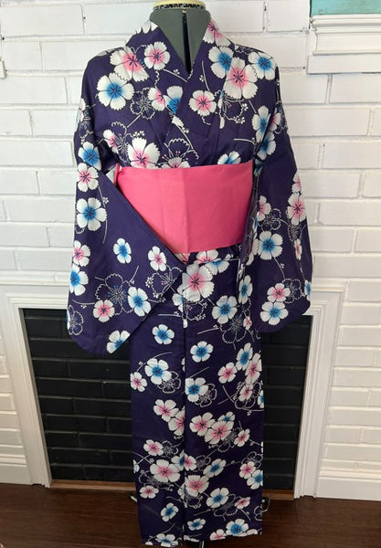 Japanese Yukata & Pre-tied Obi Set - Deep Purple Floral with Pink & Purple Pre-tied Bow Obi