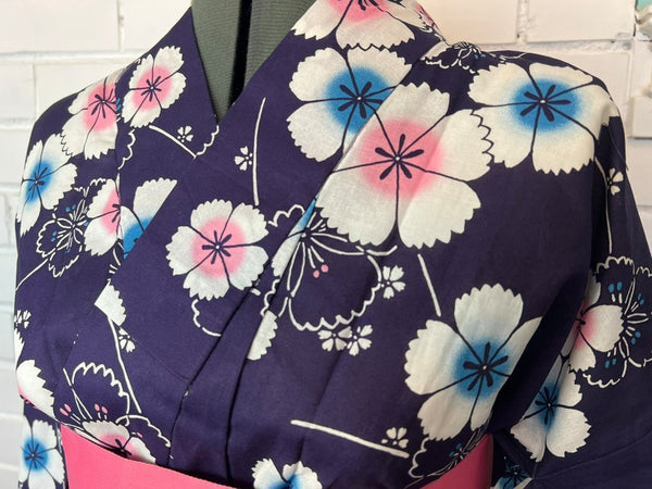 Japanese Yukata & Pre-tied Obi Set - Deep Purple Floral with Pink & Purple Pre-tied Bow Obi