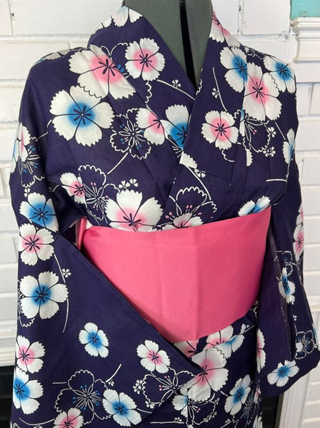 Japanese Yukata & Pre-tied Obi Set - Deep Purple Floral with Pink & Purple Pre-tied Bow Obi