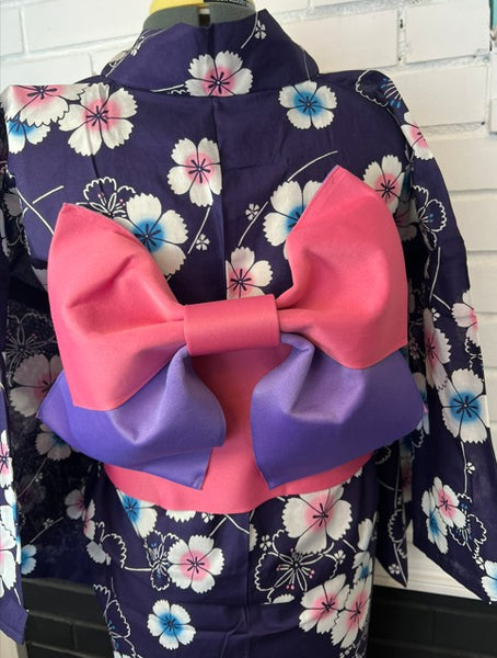 Japanese Yukata & Pre-tied Obi Set - Deep Purple Floral with Pink & Purple Pre-tied Bow Obi