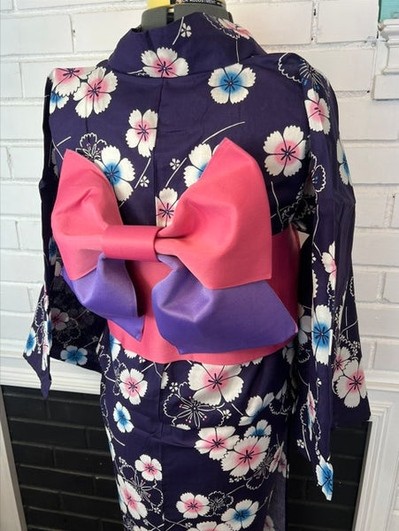 Japanese Yukata & Pre-tied Obi Set - Deep Purple Floral with Pink & Purple Pre-tied Bow Obi