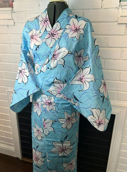 Japanese Yukata and Hanhaba Obi Set -  Sky Blue Lily Floral with Navy & Mint Reversible Obi