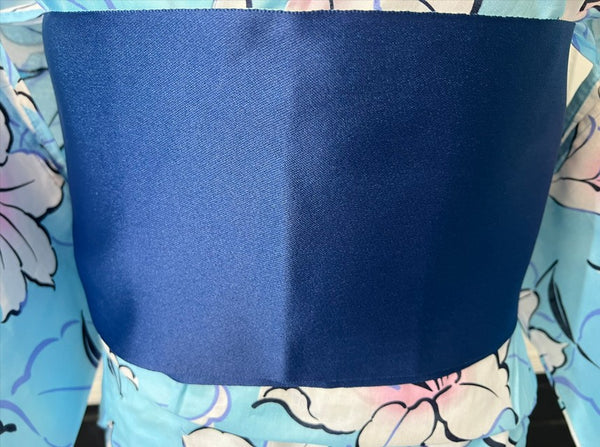 Japanese Yukata and Hanhaba Obi Set -  Sky Blue Lily Floral with Navy & Mint Reversible Obi
