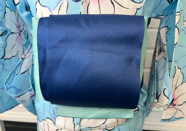 Japanese Yukata and Hanhaba Obi Set -  Sky Blue Lily Floral with Navy & Mint Reversible Obi