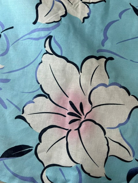 Japanese Yukata and Hanhaba Obi Set -  Sky Blue Lily Floral with Navy & Mint Reversible Obi