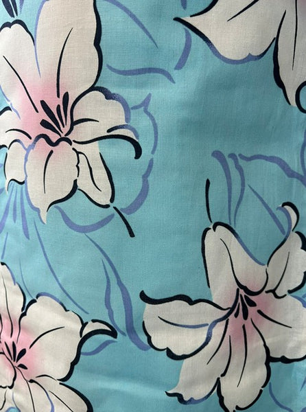 Japanese Yukata and Hanhaba Obi Set -  Sky Blue Lily Floral with Navy & Mint Reversible Obi