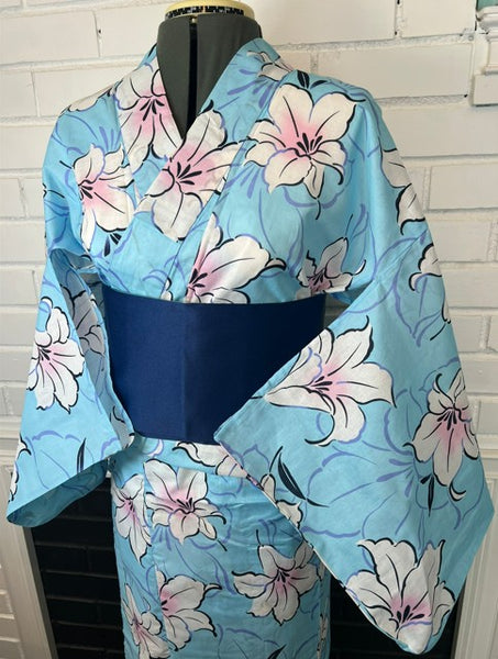 Japanese Yukata and Hanhaba Obi Set -  Sky Blue Lily Floral with Navy & Mint Reversible Obi