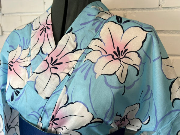 Japanese Yukata and Hanhaba Obi Set -  Sky Blue Lily Floral with Navy & Mint Reversible Obi