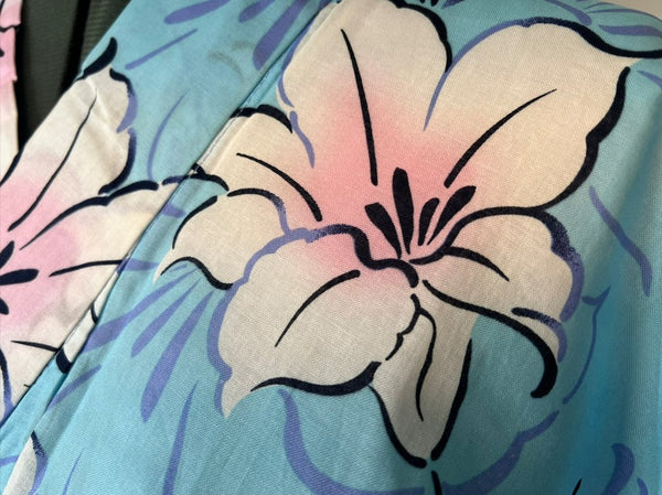 Japanese Yukata and Hanhaba Obi Set -  Sky Blue Lily Floral with Navy & Mint Reversible Obi