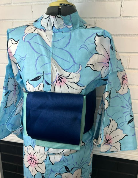 Japanese Yukata and Hanhaba Obi Set -  Sky Blue Lily Floral with Navy & Mint Reversible Obi