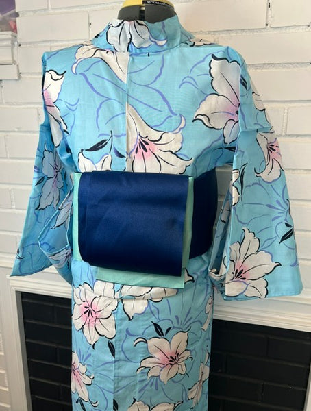 Japanese Yukata and Hanhaba Obi Set -  Sky Blue Lily Floral with Navy & Mint Reversible Obi