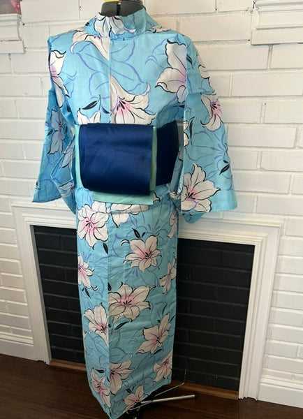 Japanese Yukata and Hanhaba Obi Set -  Sky Blue Lily Floral with Navy & Mint Reversible Obi