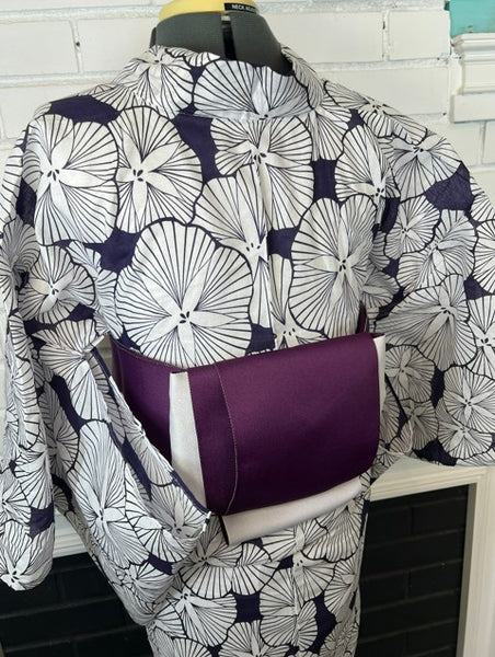 Japanese Yukata and Hanhaba Obi Set -  Deep Navy Retro Morning Glory (Asagao) Print with Purple & Light Grey Reversible Hanhaba Obi