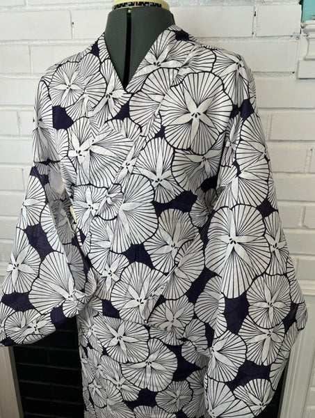 Japanese Yukata and Hanhaba Obi Set -  Deep Navy Retro Morning Glory (Asagao) Print with Purple & Light Grey Reversible Hanhaba Obi