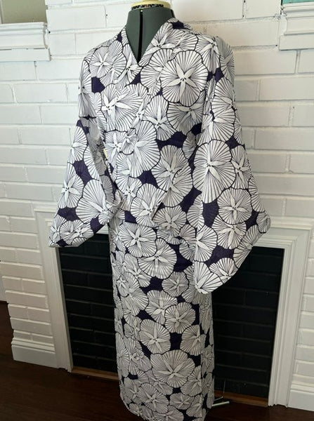 Japanese Yukata and Hanhaba Obi Set -  Deep Navy Retro Morning Glory (Asagao) Print with Purple & Light Grey Reversible Hanhaba Obi