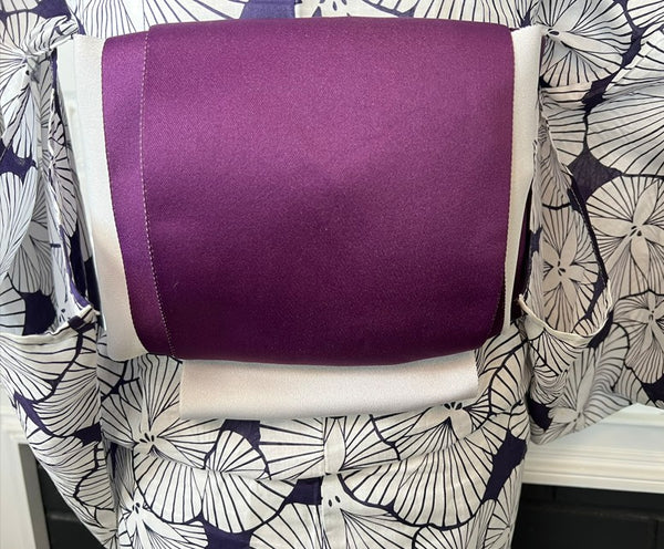 Japanese Yukata and Hanhaba Obi Set -  Deep Navy Retro Morning Glory (Asagao) Print with Purple & Light Grey Reversible Hanhaba Obi