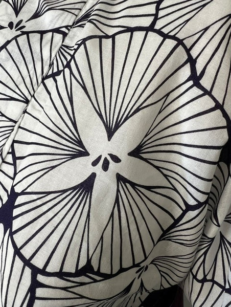 Japanese Yukata and Hanhaba Obi Set -  Deep Navy Retro Morning Glory (Asagao) Print with Purple & Light Grey Reversible Hanhaba Obi