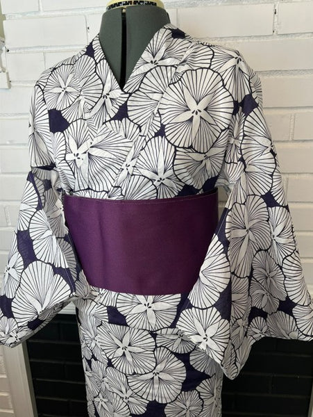 Japanese Yukata and Hanhaba Obi Set -  Deep Navy Retro Morning Glory (Asagao) Print with Purple & Light Grey Reversible Hanhaba Obi