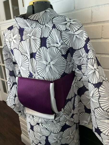 Japanese Yukata and Hanhaba Obi Set -  Deep Navy Retro Morning Glory (Asagao) Print with Purple & Light Grey Reversible Hanhaba Obi