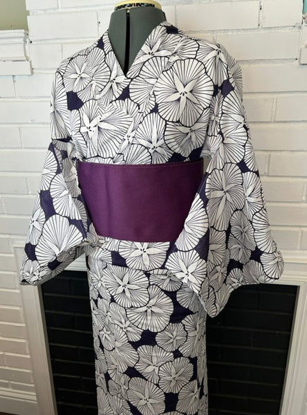 Japanese Yukata and Hanhaba Obi Set -  Deep Navy Retro Morning Glory (Asagao) Print with Purple & Light Grey Reversible Hanhaba Obi