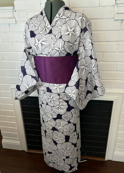 Japanese Yukata and Hanhaba Obi Set -  Deep Navy Retro Morning Glory (Asagao) Print with Purple & Light Grey Reversible Hanhaba Obi
