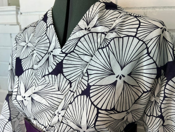 Japanese Yukata and Hanhaba Obi Set -  Deep Navy Retro Morning Glory (Asagao) Print with Purple & Light Grey Reversible Hanhaba Obi