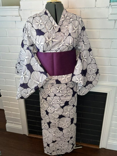 Japanese Yukata and Hanhaba Obi Set -  Deep Navy Retro Morning Glory (Asagao) Print with Purple & Light Grey Reversible Hanhaba Obi