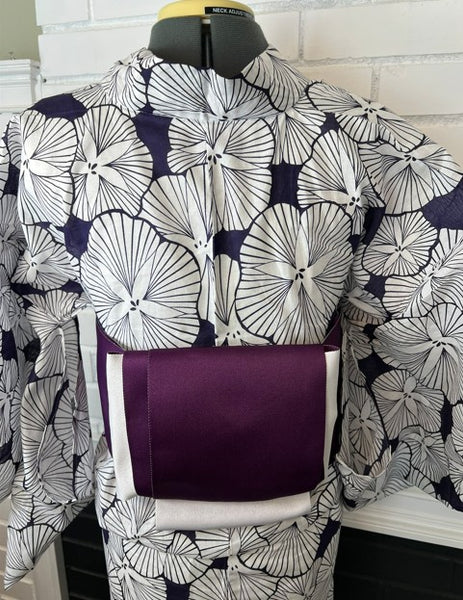 Japanese Yukata and Hanhaba Obi Set -  Deep Navy Retro Morning Glory (Asagao) Print with Purple & Light Grey Reversible Hanhaba Obi