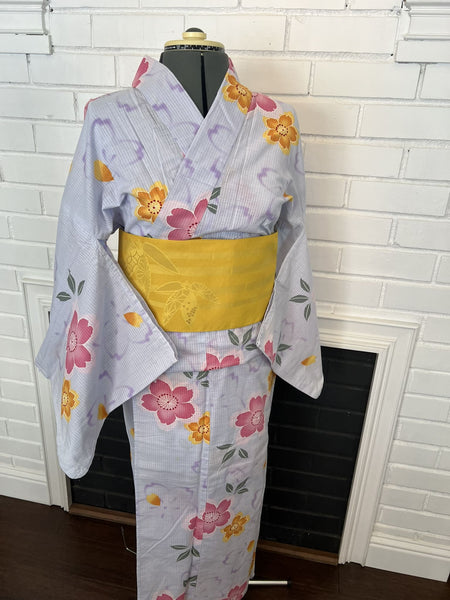 YUKATA, Cherry Blossom, Light Blue, Size: M / Japanese Traditional Women's Yukata