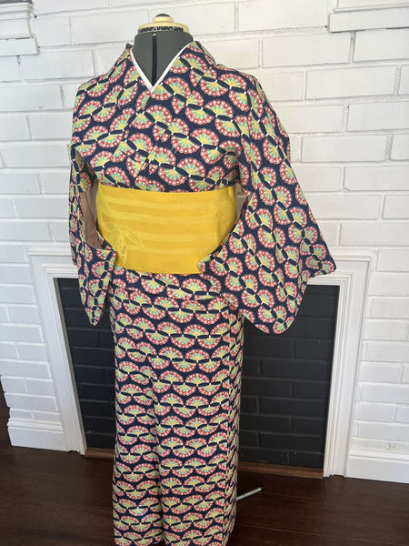 YUKATA, Fan Pattern, Navy, Size: S-M / Japanese Traditional Women's Yukata