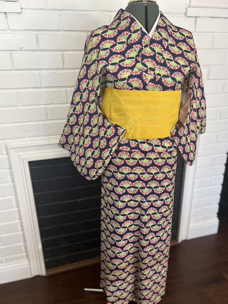 YUKATA, Fan Pattern, Navy, Size: S-M / Japanese Traditional Women's Yukata