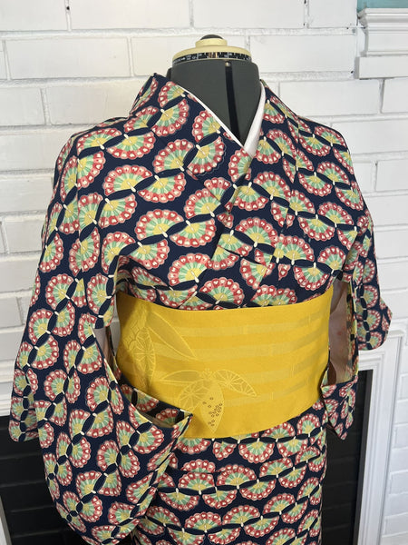 YUKATA, Fan Pattern, Navy, Size: S-M / Japanese Traditional Women's Yukata