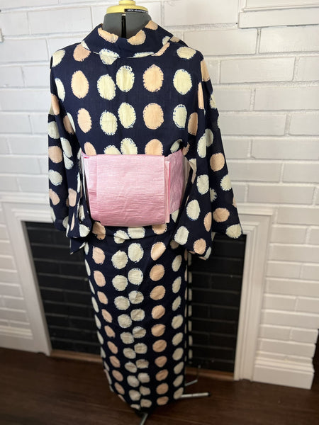 Japanese Vintage YUKATA, Size S, Navy Blue with Pastel Polka Dot Shibori / Traditional Women's Yukata