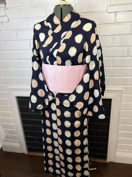 Japanese Vintage YUKATA, Size S, Navy Blue with Pastel Polka Dot Shibori / Traditional Women's Yukata