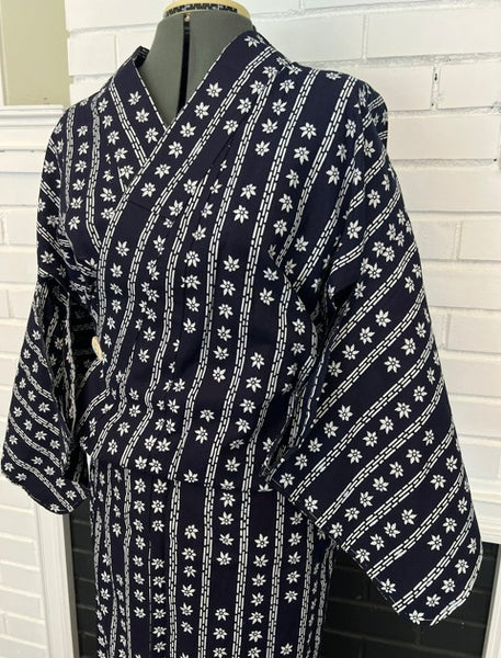 Vintage Japanese Yukata – Deep Navy with White Floral Stripe Pattern