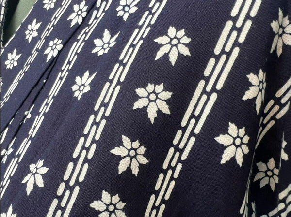 Vintage Japanese Yukata – Deep Navy with White Floral Stripe Pattern