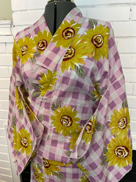 Japanese Vintage Yukata – Sunflower Print on Pink Gingham Check, Women's Cotton Kimono